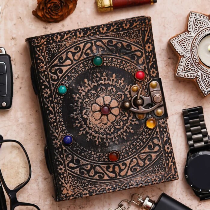 Vintage Handmade Genuine Leather Journal-Premium Antique Lock Closure-200 Handmade White Pages -8