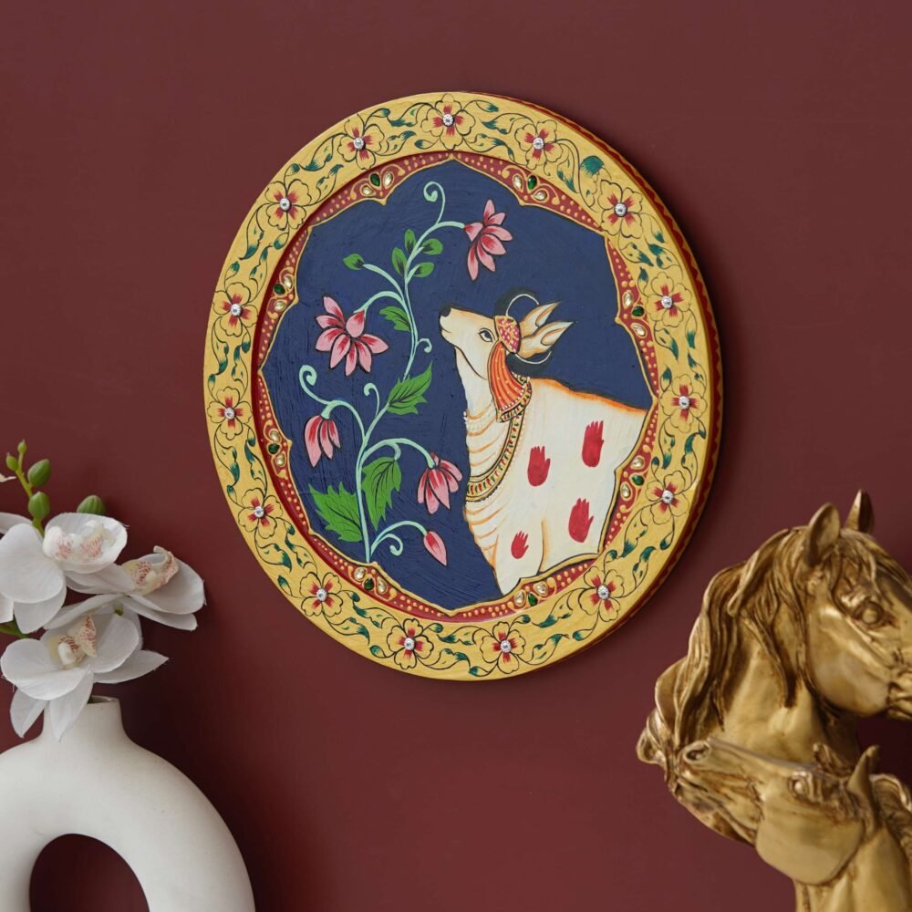 Pichwai Art Decor Plate-Spiritual Cow-Tree Theme on Wood (12x12 Inches) - Image 6