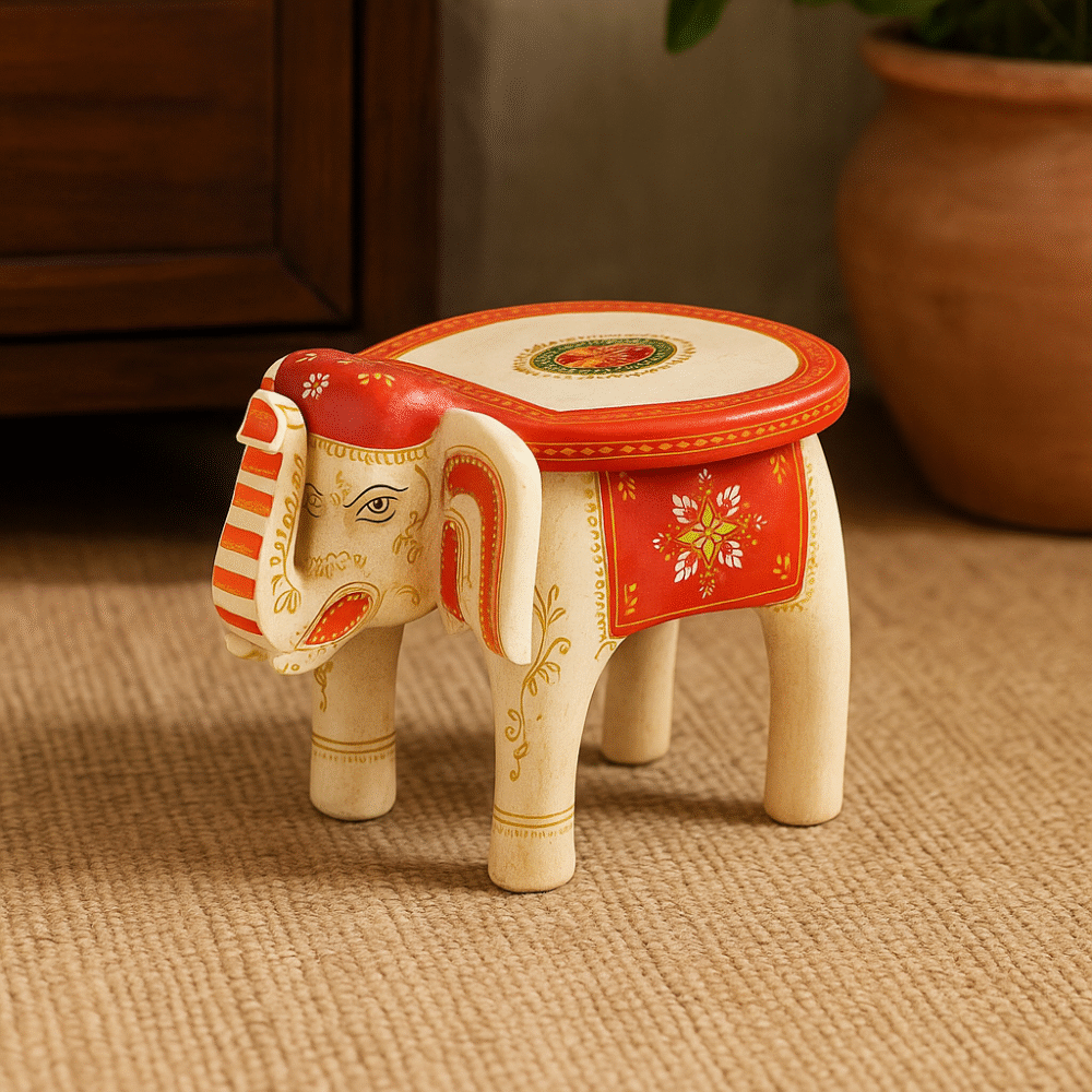 Hand-Painted Wooden Elephant Stool | Decorative Wooden Bajot Table (7x5x6 in)