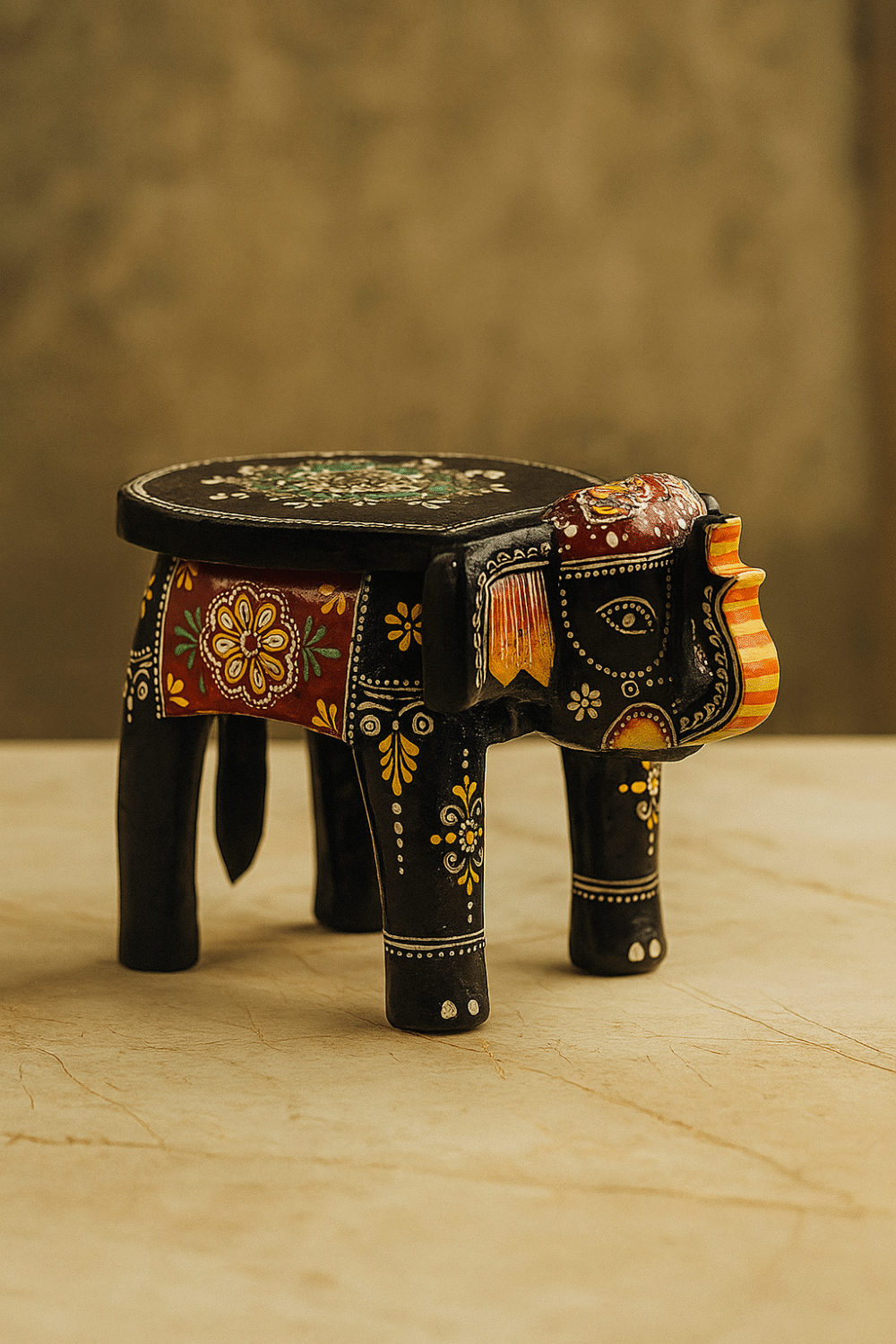 Hand-Painted Wooden Elephant Stool | Decorative Bajot Table for Home Decor (Ethnic Art)
