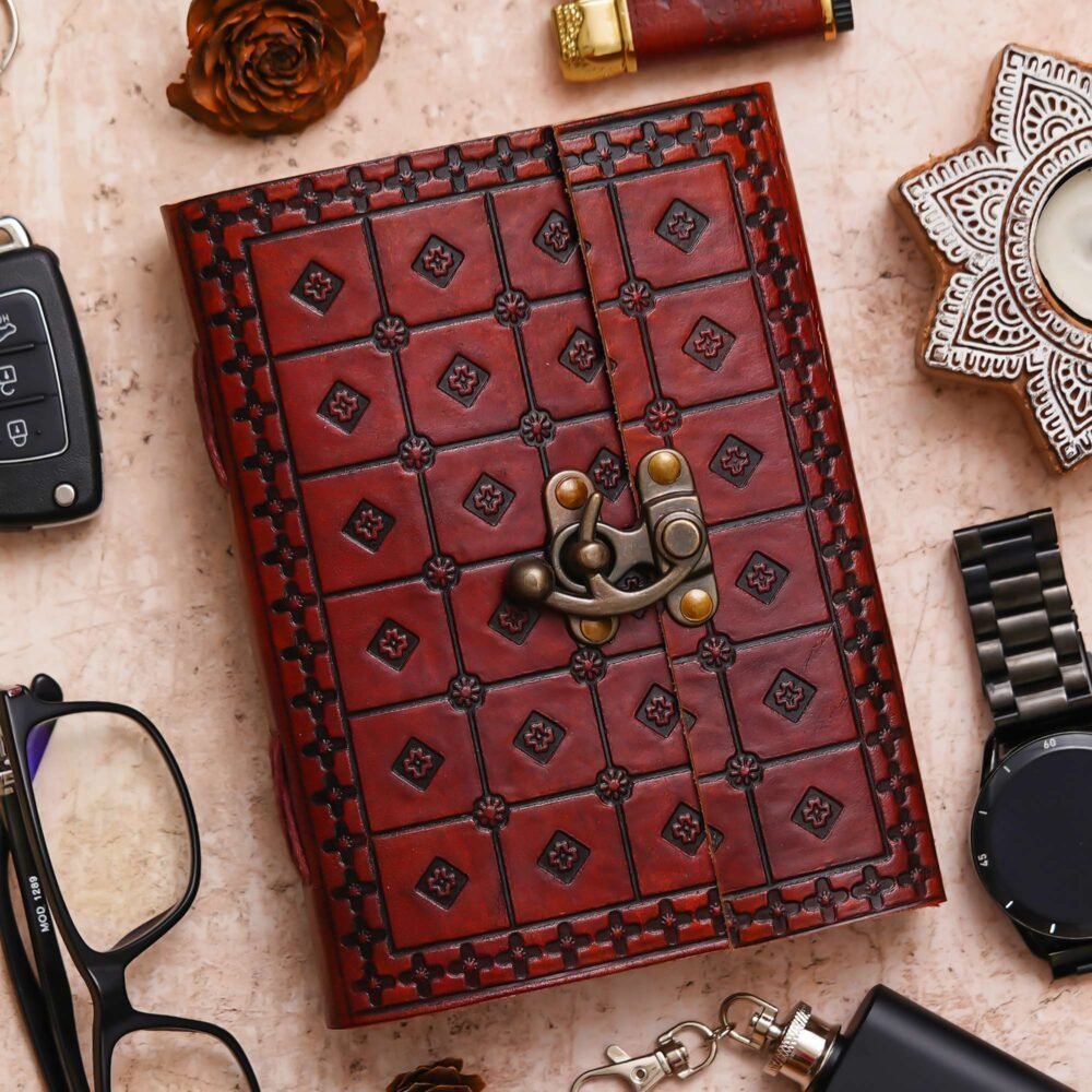 Vintage Handmade Genuine Leather Journal-Premium Antique Lock Closure-200 Handmade White Pages -4