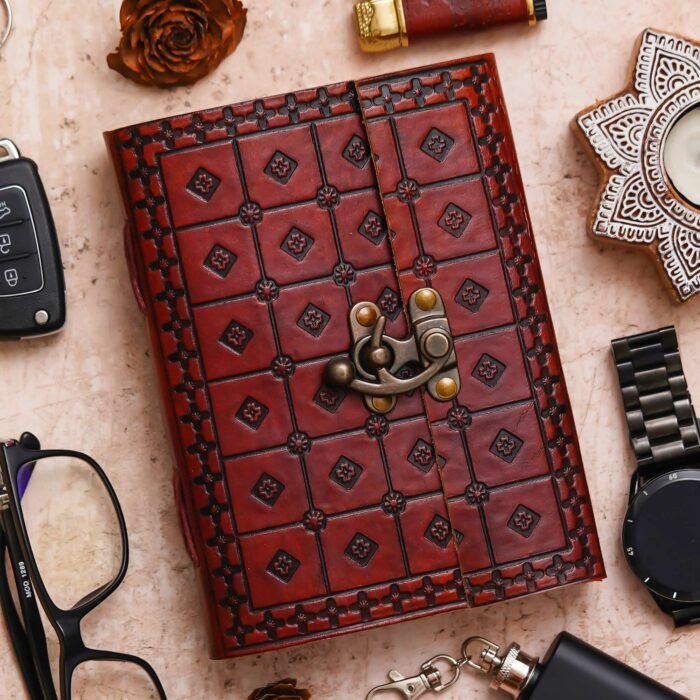 Vintage Handmade Genuine Leather Journal-Premium Antique Lock Closure-200 Handmade White Pages -4