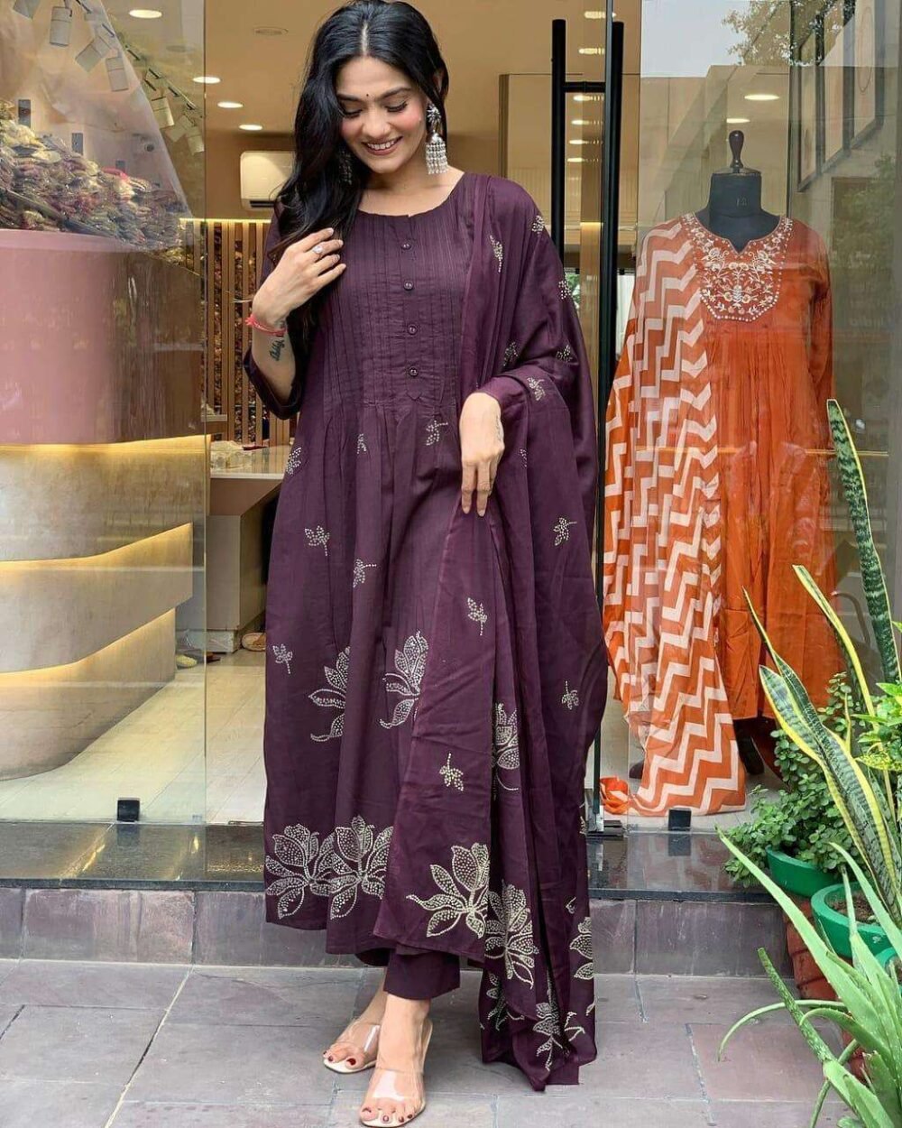 Women's Long Floral Print Kurta with Pant & Dupatta Set - Discharge Printex Style in Black, Green, Purple (M to XXL) - Image 15