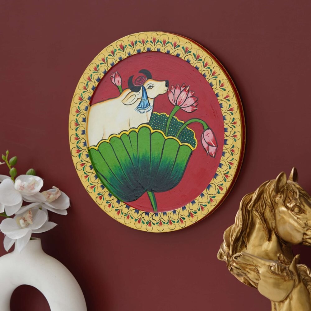 Handmade Ethnic Wall Plate-Pichwai Cow Art for Living Room (12x12 Inches) - Image 6
