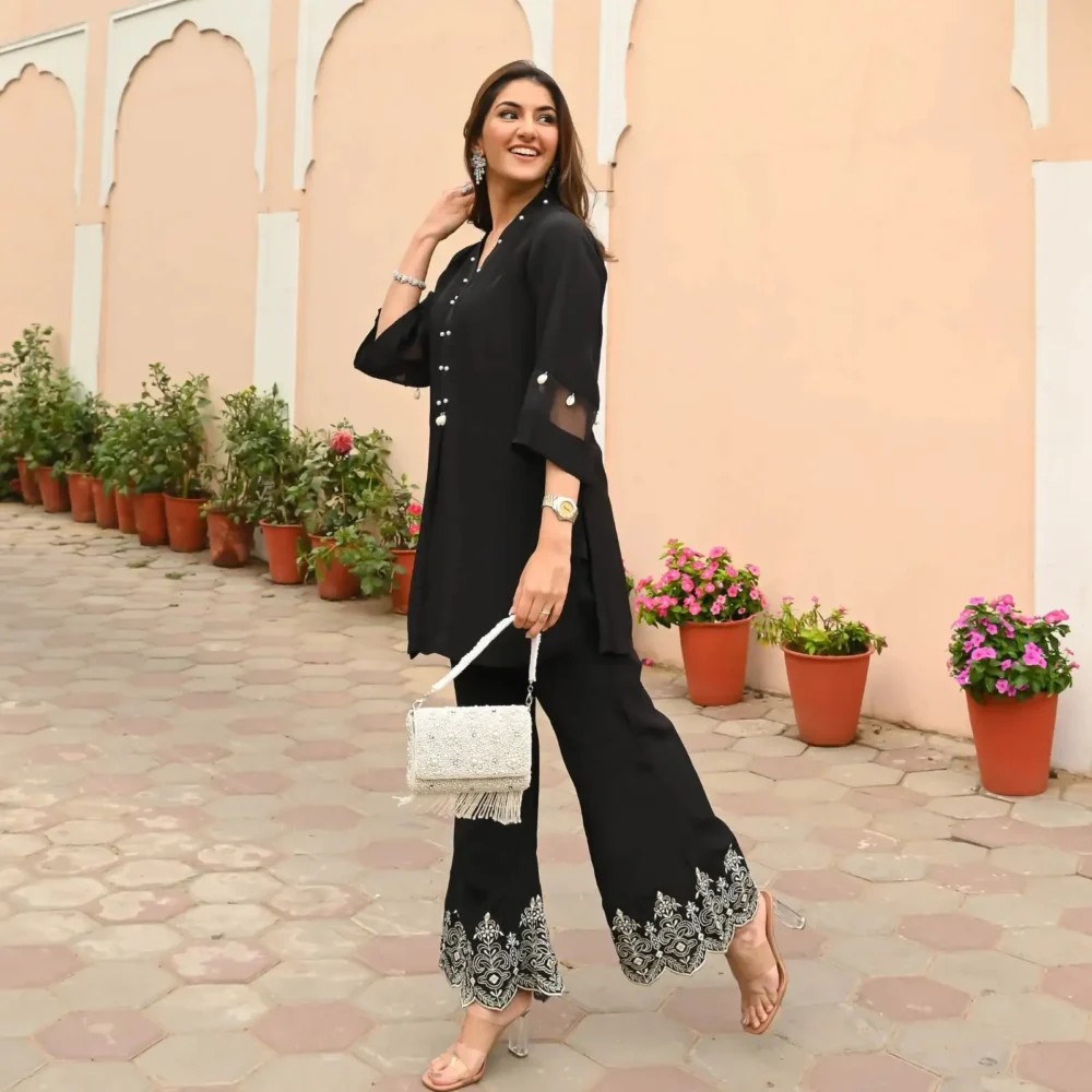 Black Embroidered Cotton Co-Ord Set for Women & Girls - Stylish Kurta & Pant Set (M to XXL) - Image 4