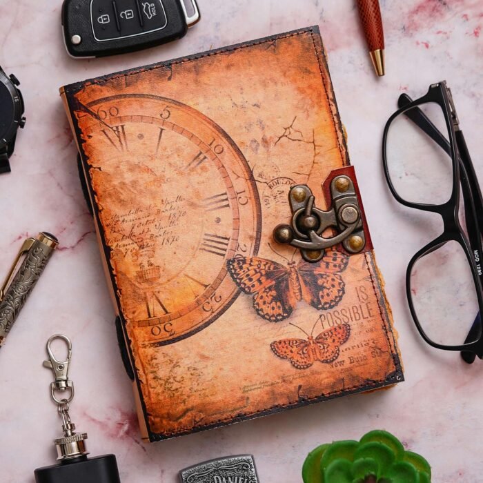Vintage Handmade Genuine Leather Journal-Premium Antique Lock Closure-200 Handmade Brown Pages -9