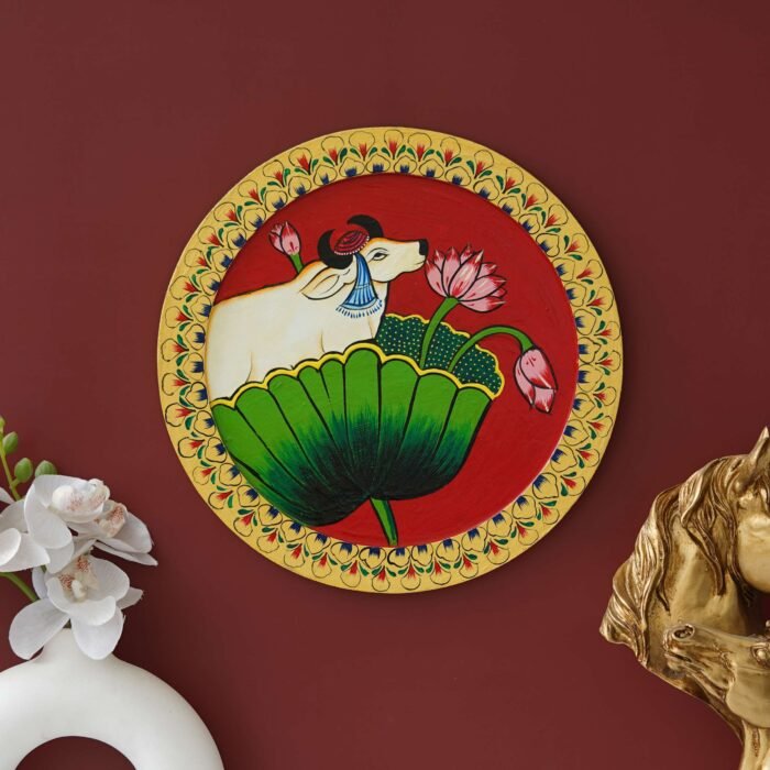 Handmade Ethnic Wall Plate-Pichwai Cow Art for Living Room (12x12 Inches)