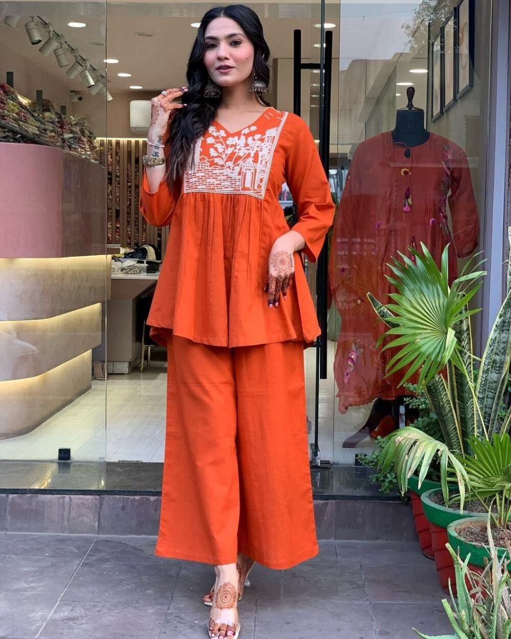 Women's Embroidered Cotton Slub Kurta Pant Set - Black/Orange - Image 11