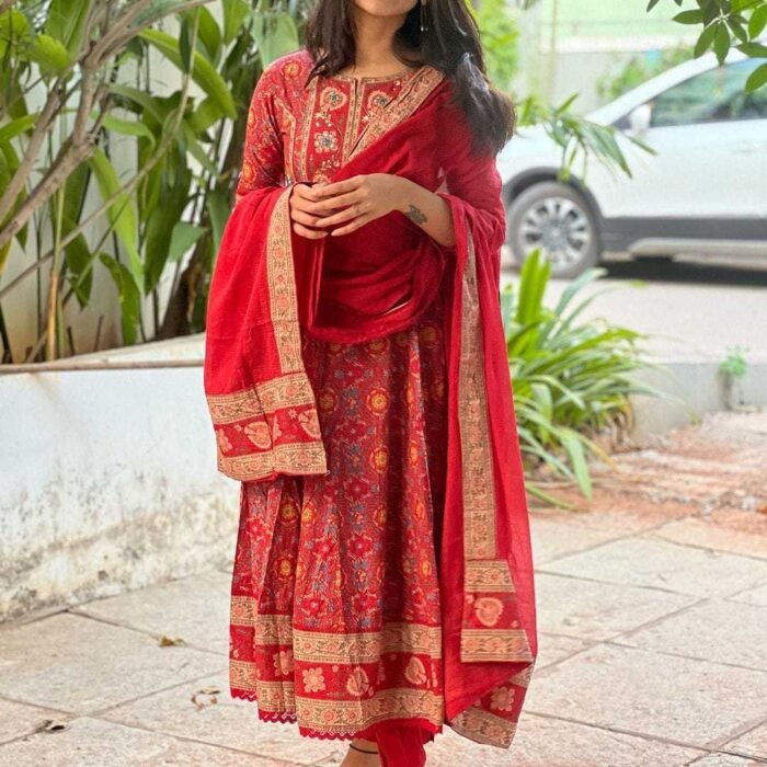 Women's Embroidered Cotton Anarkali Kurta Set with Dupatta - Designer Suit with Pant (M to XXL)