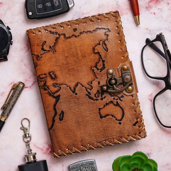 Vintage Handmade Genuine Leather Journal-Premium Antique Lock Closure-200 Handmade White Pages -41