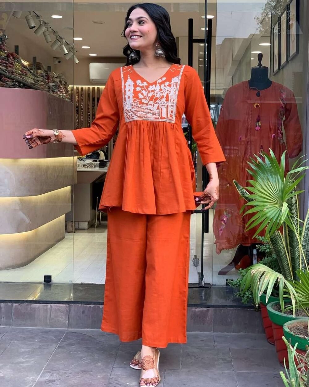 Women's Embroidered Cotton Slub Kurta Pant Set - Black/Orange - Image 9