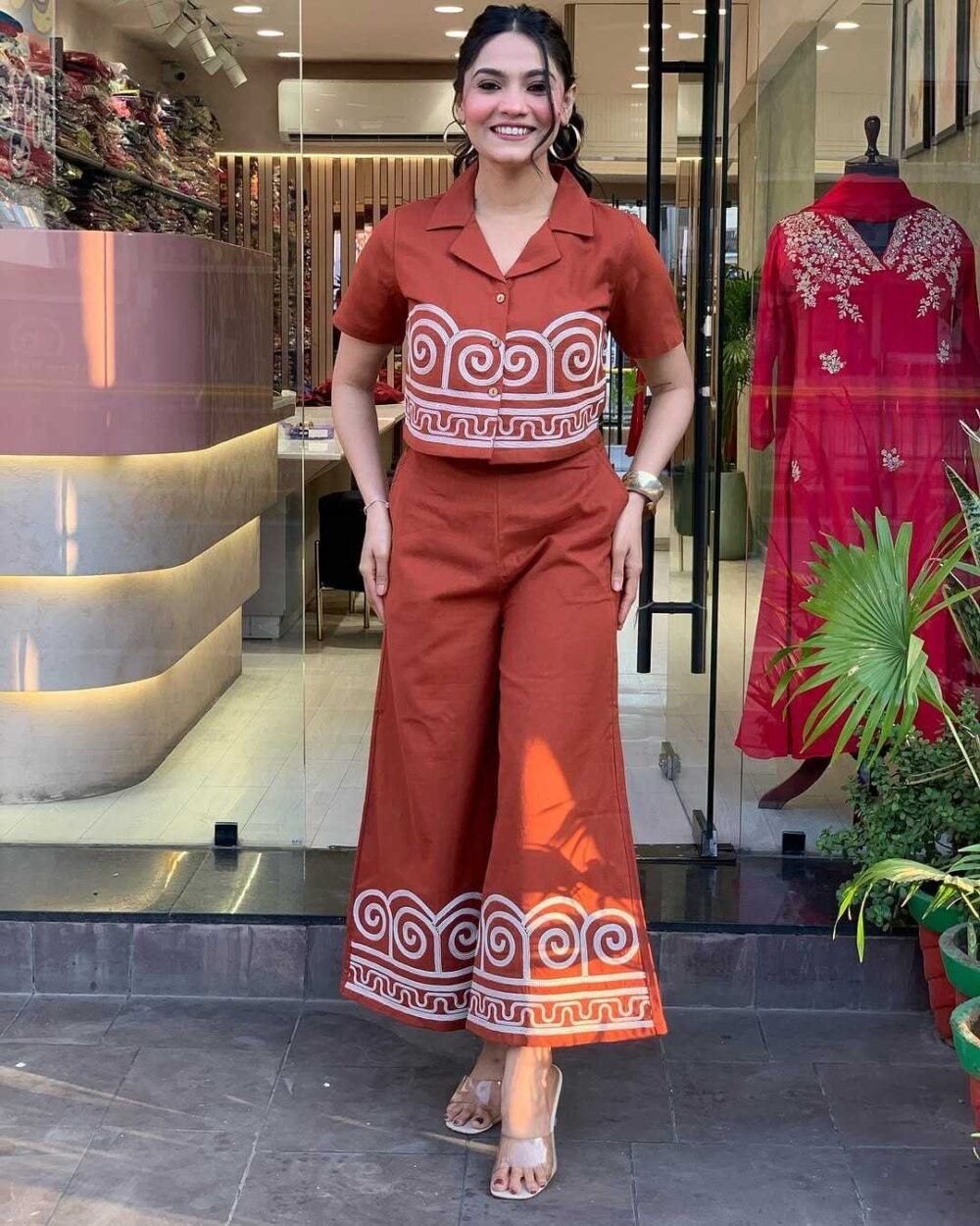 Embroidered Cotton Co-Ord Set for Women & Girls - Stylish Kurta & Pant Set in Orange, Green & Red (M to XXL) - Image 4