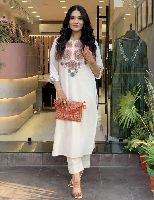 Women's Pure Cotton White Floral Embroidered Co-Ord Set - Kurti & Pant Set for Summer - Sizes M to XXL