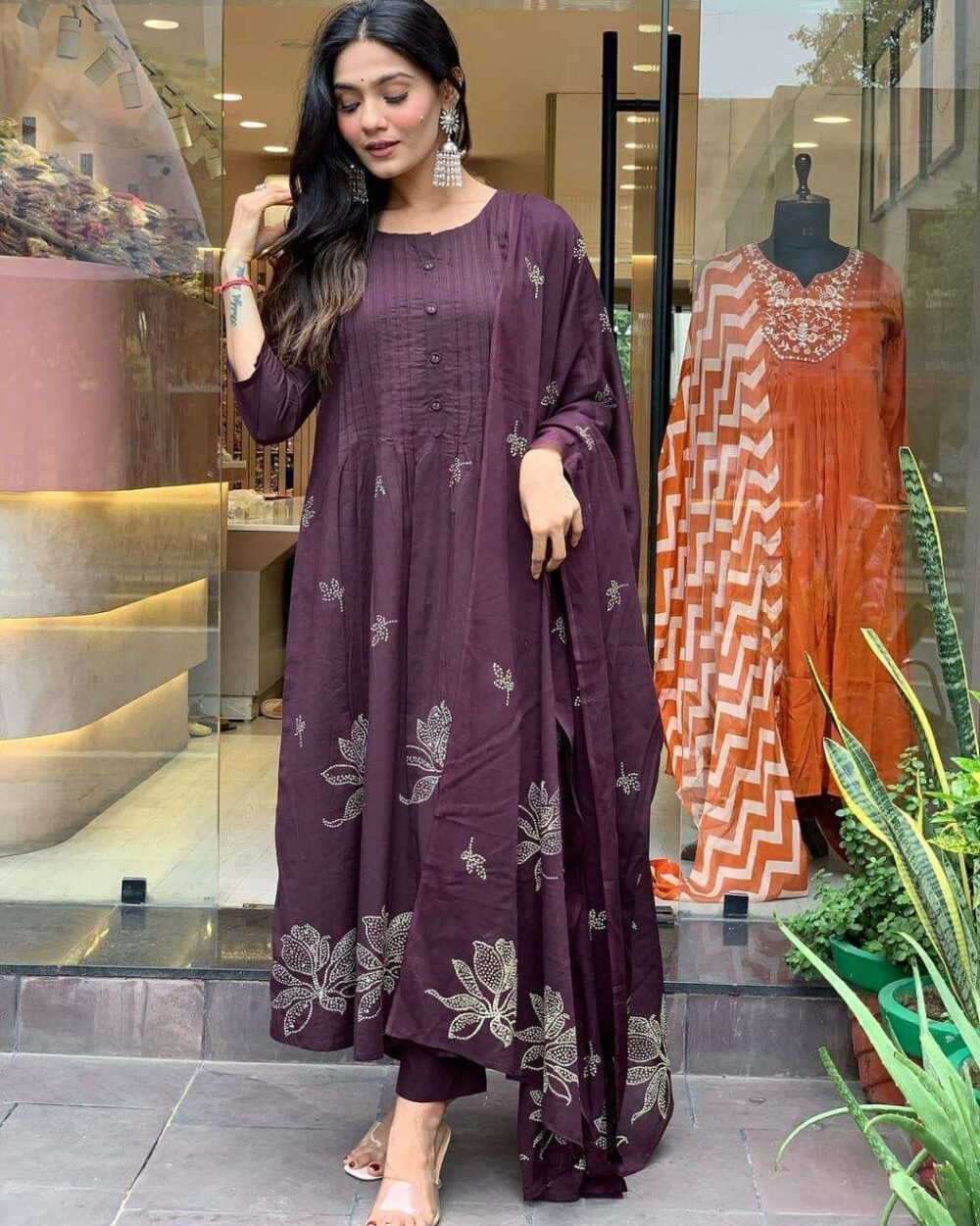 Women's Long Floral Print Kurta with Pant & Dupatta Set - Discharge Printex Style in Black, Green, Purple (M to XXL) - Image 12