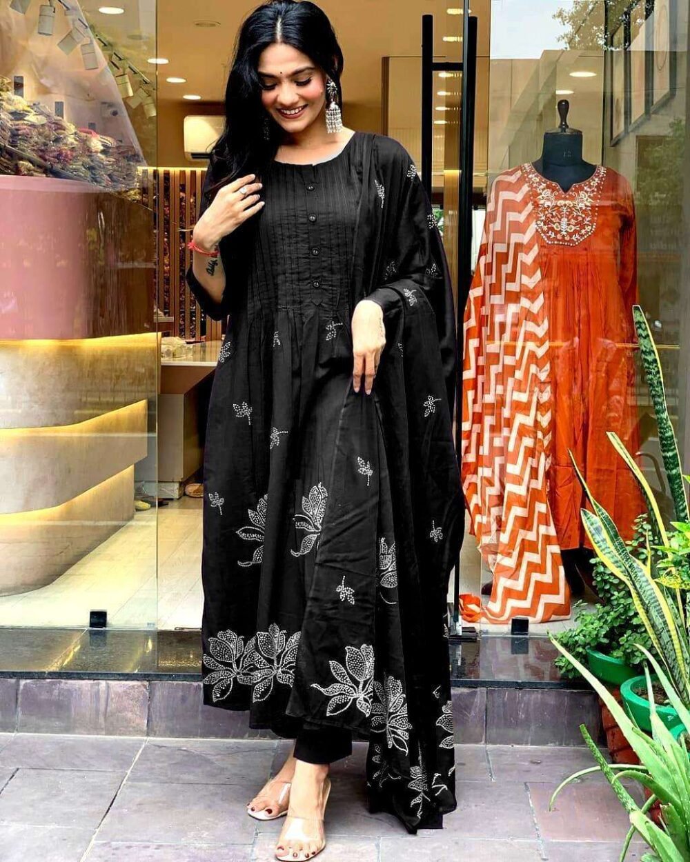 Women's Long Floral Print Kurta with Pant & Dupatta Set - Discharge Printex Style in Black, Green, Purple (M to XXL) - Image 4