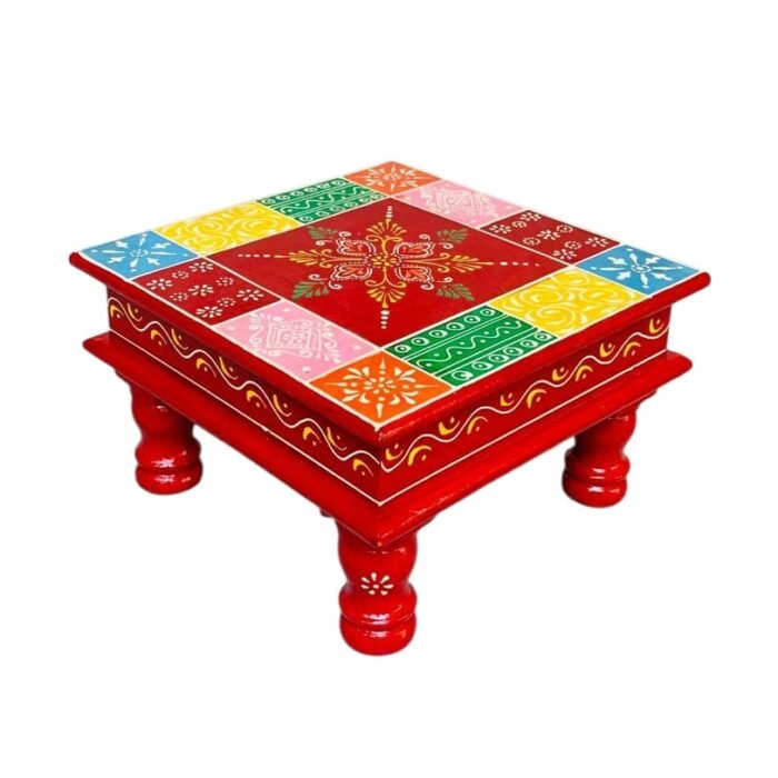 Hand-Painted Square Wooden Chowki – Multicolor Patchwork Design (10x10x6 inch)