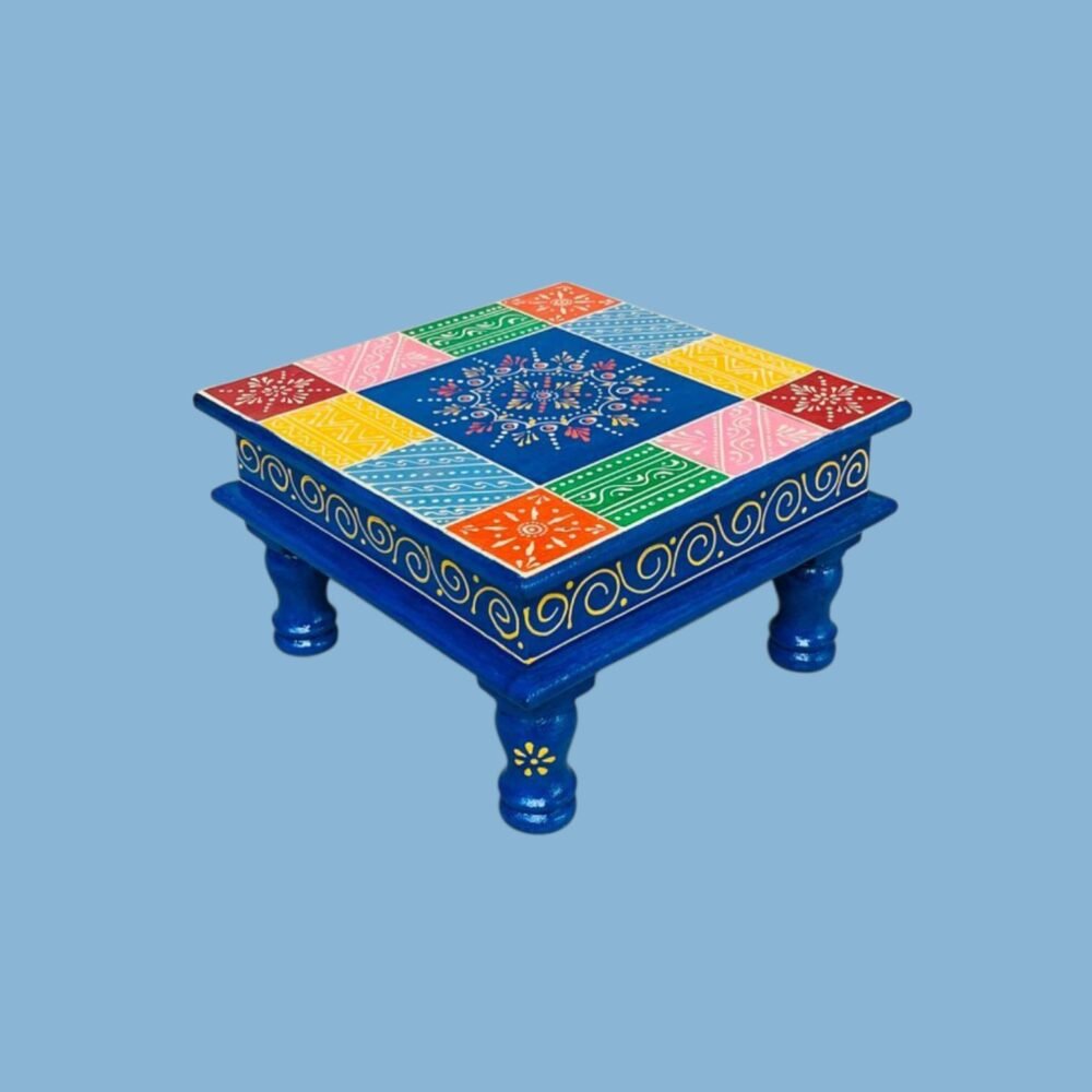 Hand-Painted Square Wooden Chowki – Multicolor Patchwork Design (10x10x6 inch) - Image 9