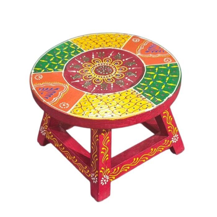 Hand-Painted Wooden Chowki Stool – Multicolor Traditional Design (7x7x5 inch)