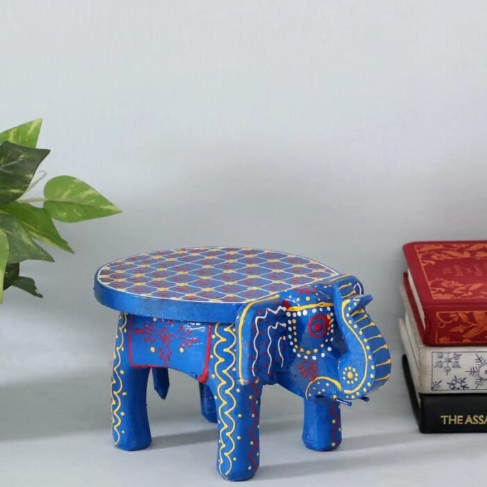 Hand-Painted Wooden Elephant Stool – Traditional Bajot | Navkar Handicraft
