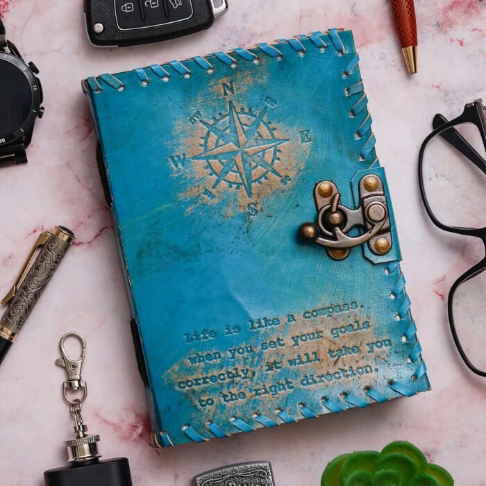 Vintage Handmade Genuine Leather Journal-Premium Antique Lock Closure-200 Handmade White Pages -29