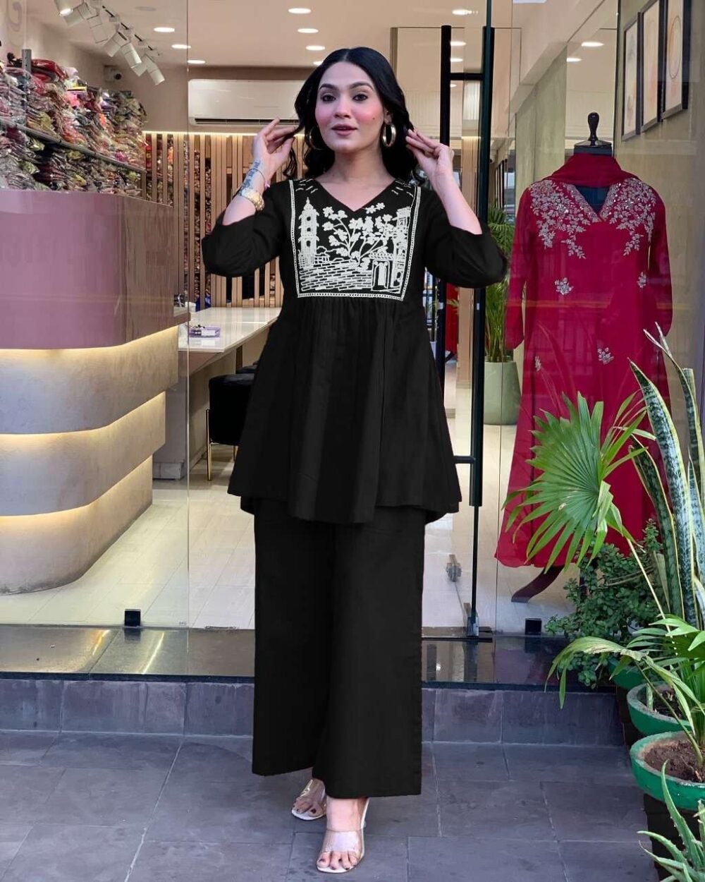 Women's Embroidered Cotton Slub Kurta Pant Set - Black/Orange - Image 4