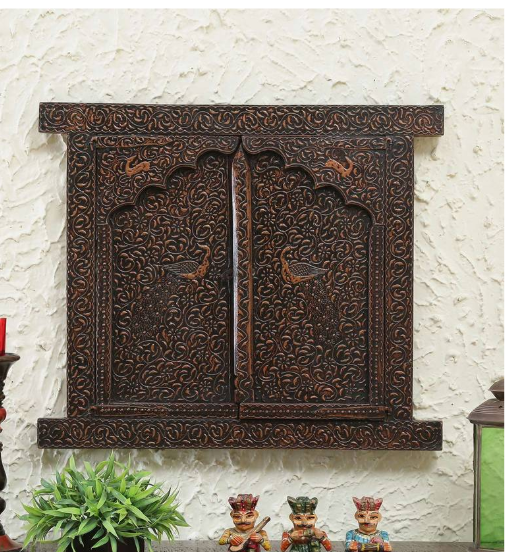 Handcrafted Wooden Wall Window Frame with Doors-28-24 Inches-Hand-Painted Traditional Art for Home Decor
