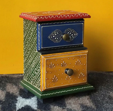 Mini Hand-Painted Wooden Drawer Chest | Ethnic Storage Box with 2 Drawers (6x5x8 in)