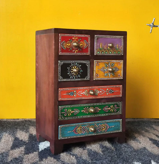 Hand-Painted Wooden Mini Drawer Chest | Decorative Storage Cabinet (8x5x11 in)