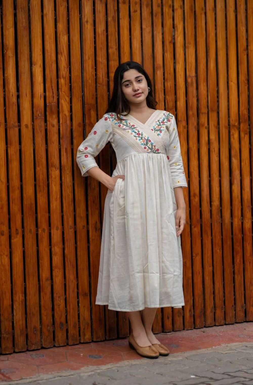 Women's Off-White Embroidered Cotton Anarkali Gown - Flared Ethnic Long Dress (M to XXL) - Image 2