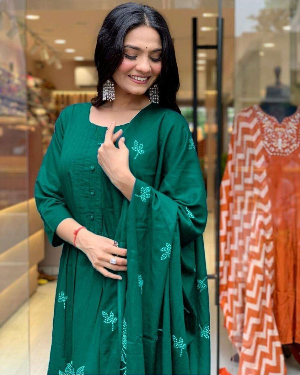 Women's Long Floral Print Kurta with Pant & Dupatta Set - Discharge Printex Style in Black, Green, Purple (M to XXL) - Image 11