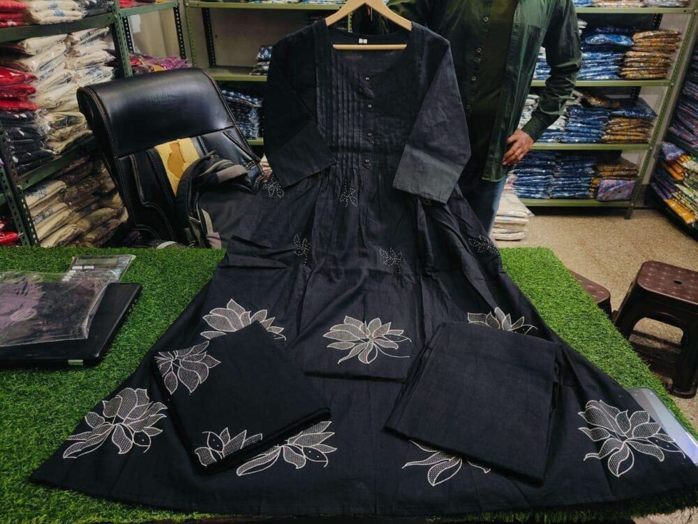 Women's Long Floral Print Kurta with Pant & Dupatta Set - Discharge Printex Style in Black, Green, Purple (M to XXL) - Image 2