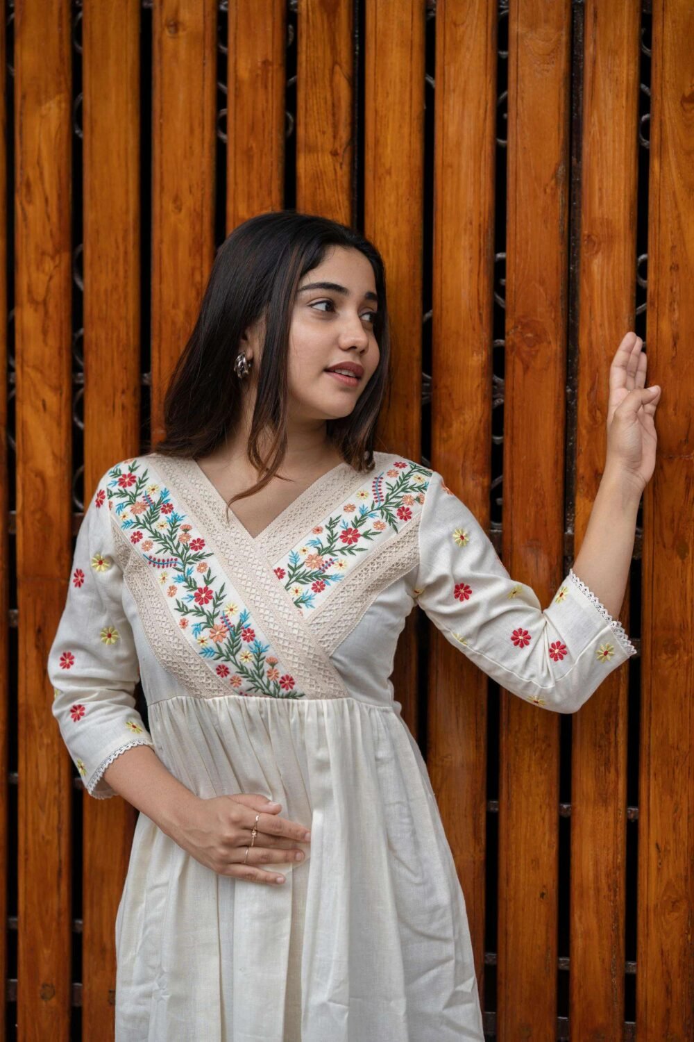 Women's Off-White Embroidered Cotton Anarkali Gown - Flared Ethnic Long Dress (M to XXL)