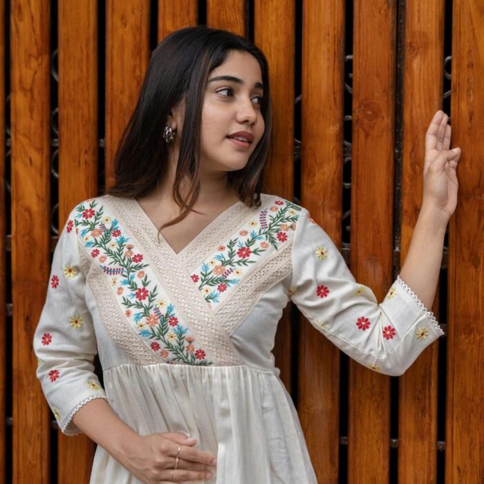 Women's Off-White Embroidered Cotton Anarkali Gown - Flared Ethnic Long Dress (M to XXL)