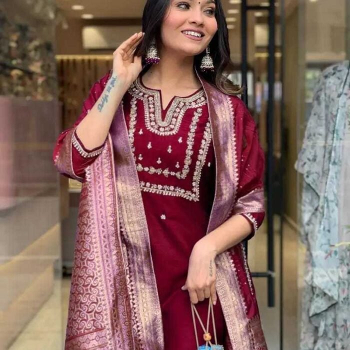Women's Roman Silk Embroidered A-Line Kurta Set with Pant & Dupatta - Maroon, Pink, Purple - Sizes M to XXL