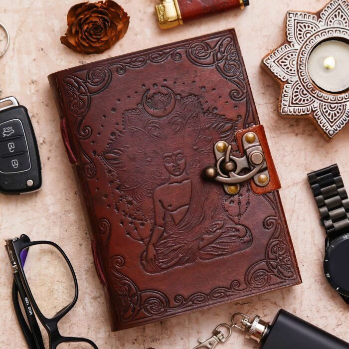 Vintage Handmade Genuine Leather Journal-Premium Antique Lock Closure-200 Handmade White Pages -14