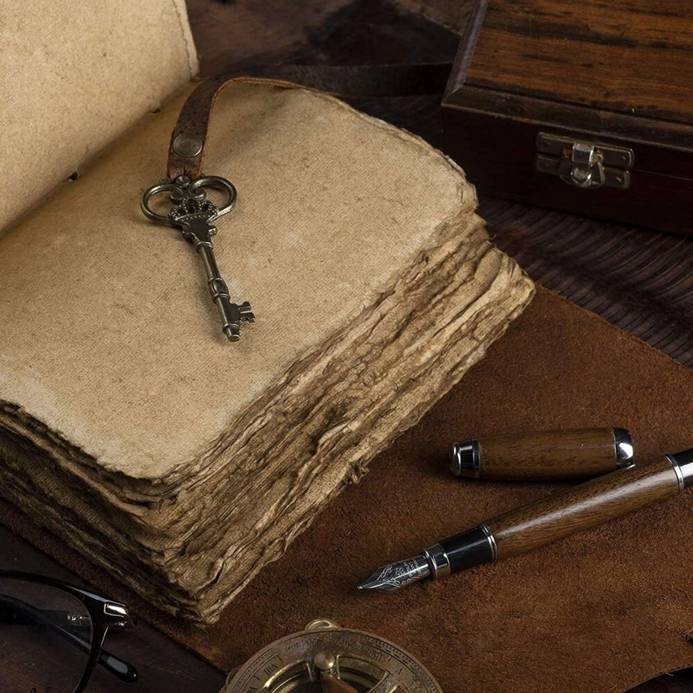 Genuine Leather Diary-Vintage Handmade Leather Journal-Premium Antique Key Closure-200 Handmade Deckle Edge Antique Pages - Image 3