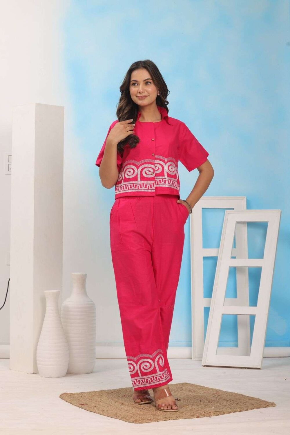 Embroidered Cotton Co-Ord Set for Women & Girls - Stylish Kurta & Pant Set in Orange, Green & Red (M to XXL) - Image 12