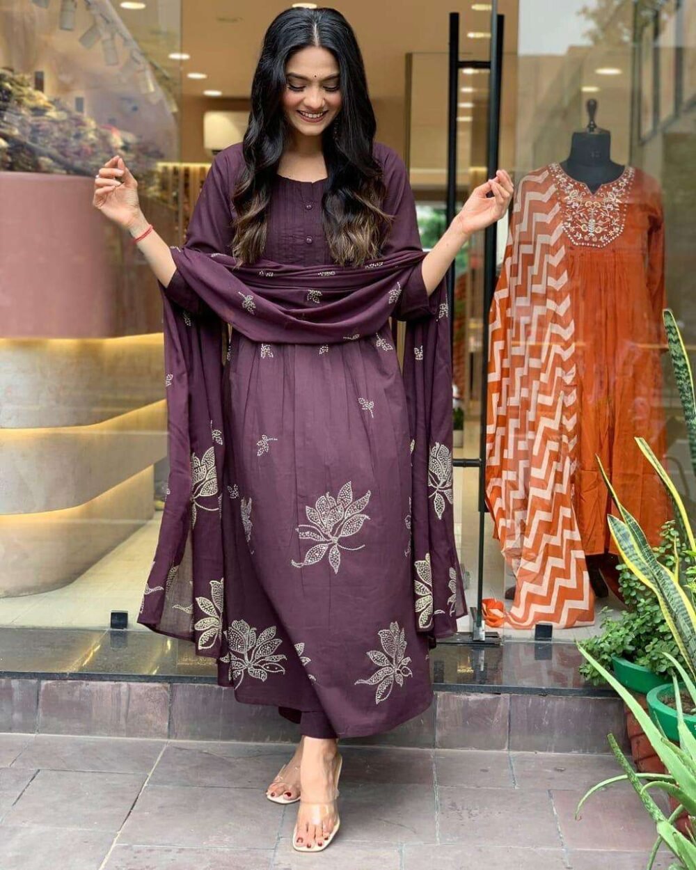 Women's Long Floral Print Kurta with Pant & Dupatta Set - Discharge Printex Style in Black, Green, Purple (M to XXL) - Image 14