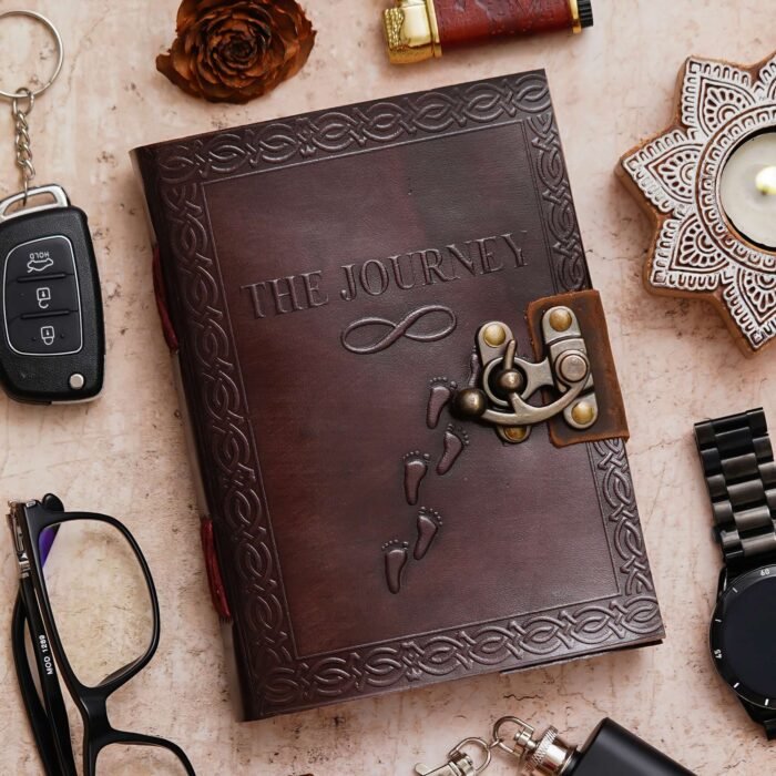 Vintage Handmade Genuine Leather Journal-Premium Antique Lock Closure-200 Handmade White Pages -6
