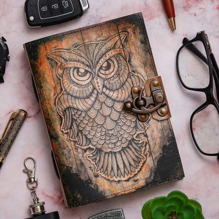 Vintage Handmade Genuine Leather Journal-Premium Antique Lock Closure-200 Handmade White Pages -33