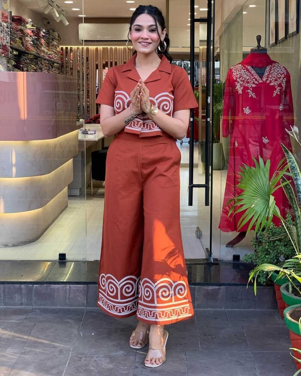 Embroidered Cotton Co-Ord Set for Women & Girls - Stylish Kurta & Pant Set in Orange, Green & Red (M to XXL)