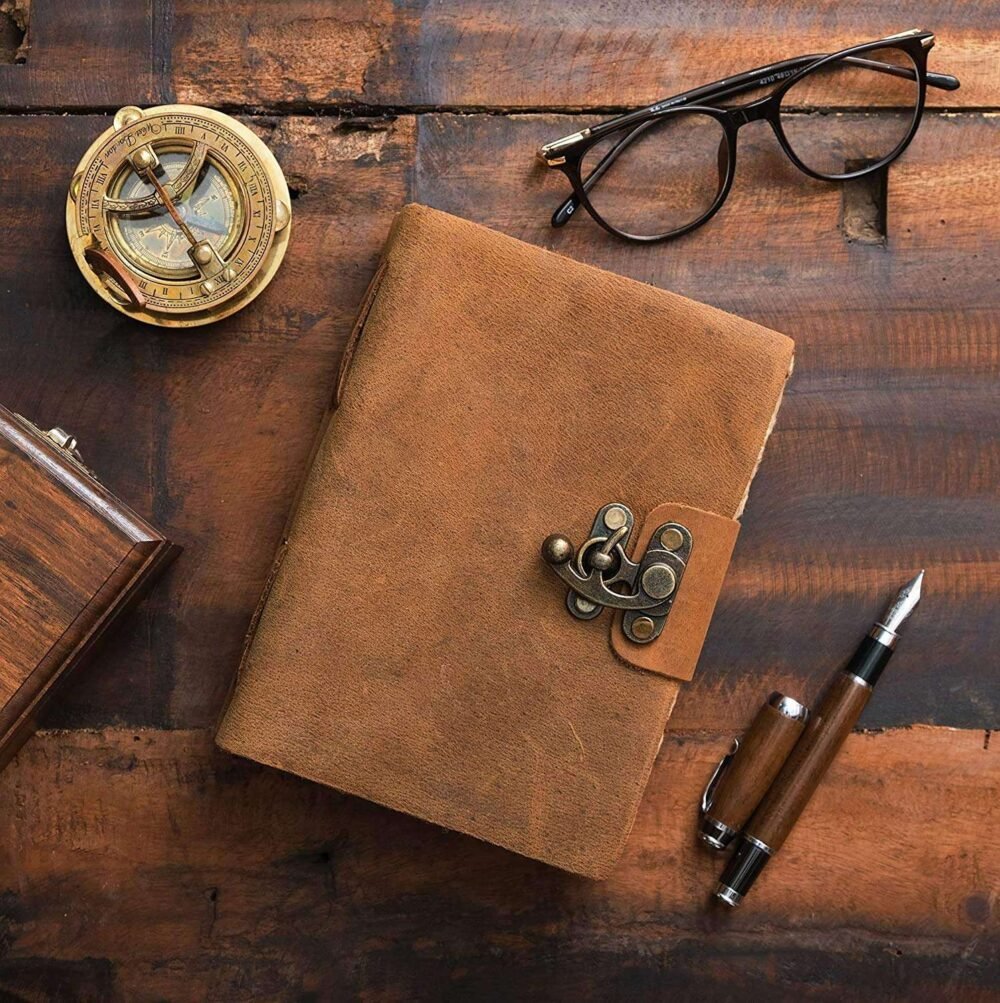 Genuine Leather Diary-Vintage Handmade Leather Journal-Premium Antique LOCK Closure-200 Handmade Deckle Edge Antique Pages -3 - Image 5