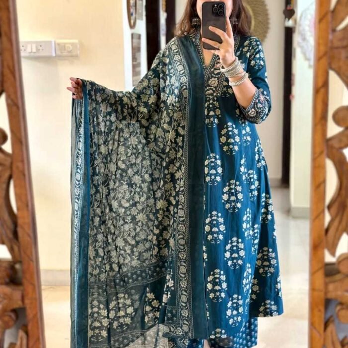 Women's Cotton Floral Print Anarkali Kurti Set with Pant & Dupatta - 3-Piece Ethnic Set in Blue & Green (M to XXL)