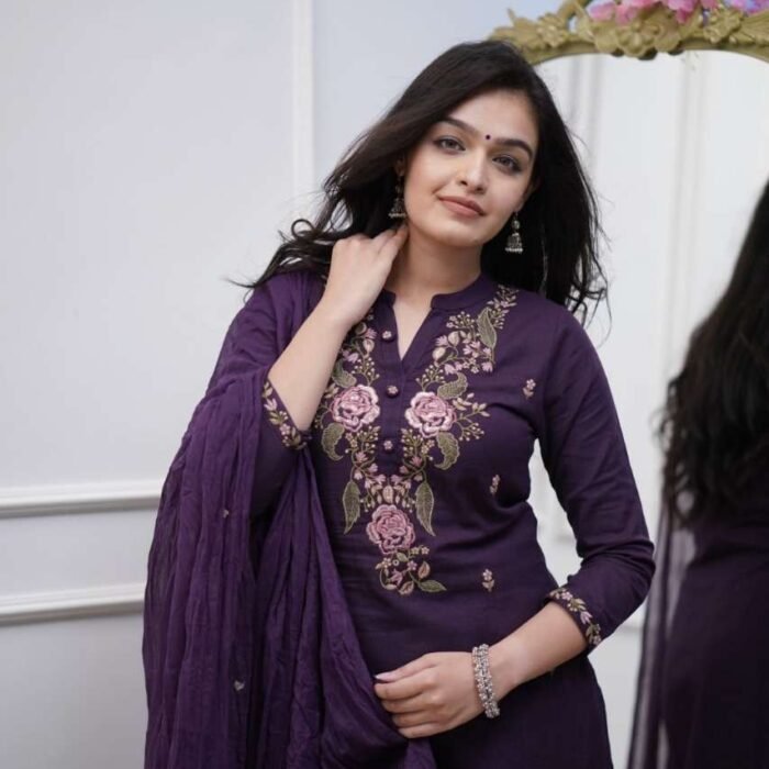 Women's Cotton Embroidery Work Kurta Pant with Mulmul Dupatta Set - Purple/Maroon