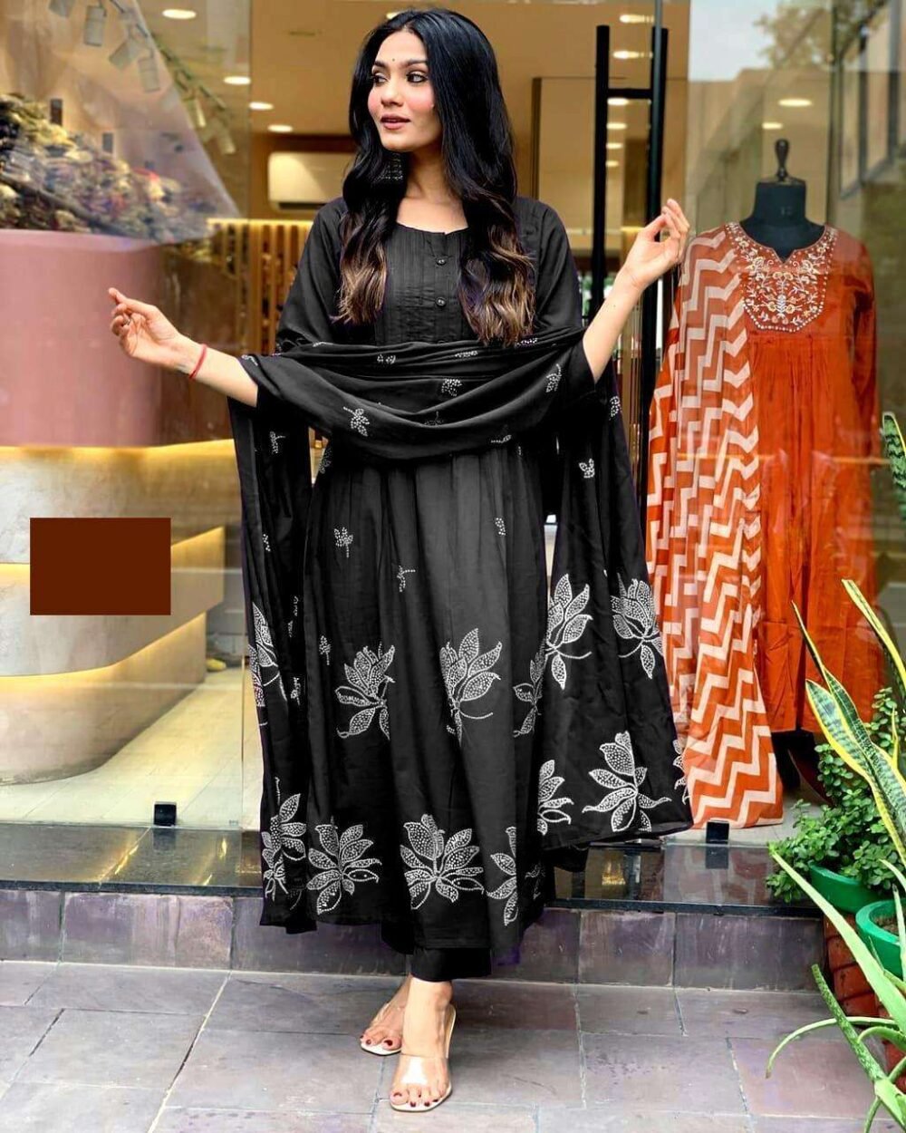 Women's Long Floral Print Kurta with Pant & Dupatta Set - Discharge Printex Style in Black, Green, Purple (M to XXL)