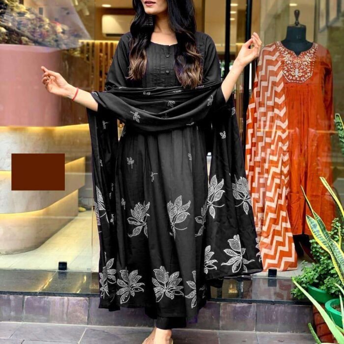 Women's Long Floral Print Kurta with Pant & Dupatta Set - Discharge Printex Style in Black, Green, Purple (M to XXL)