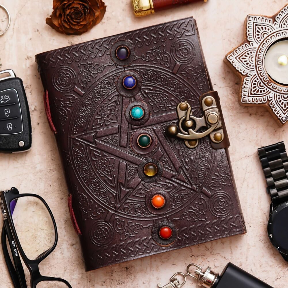 Vintage Handmade Genuine Leather Journal-Premium Antique Lock Closure-200 Handmade White Pages -9