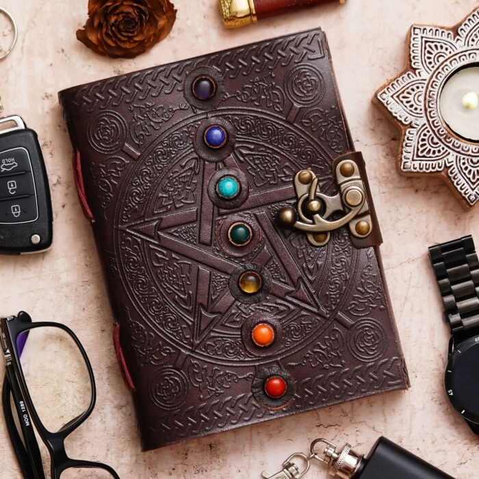 Vintage Handmade Genuine Leather Journal-Premium Antique Lock Closure-200 Handmade White Pages -9