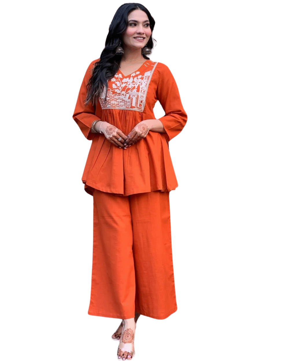 Women's Embroidered Cotton Slub Kurta Pant Set - Black/Orange - Image 6