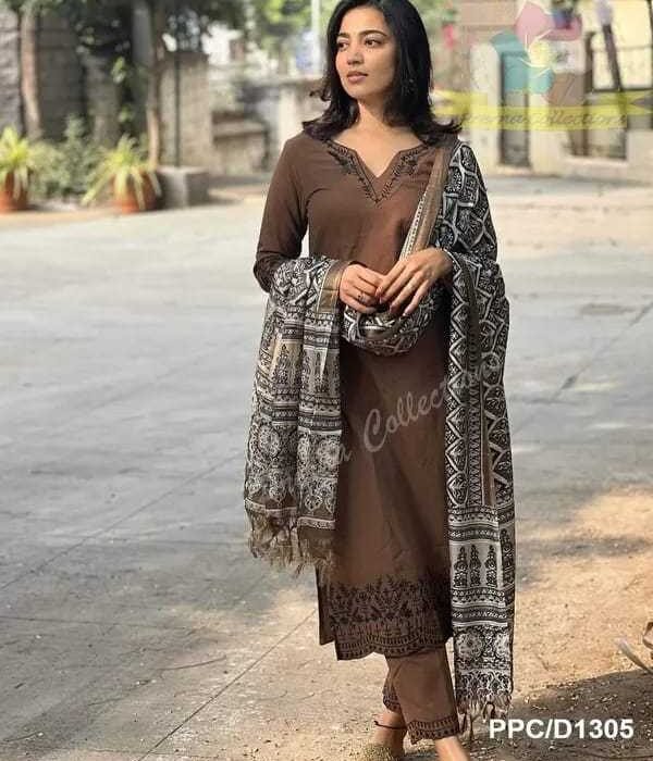 Women's Pure Cotton Brown Kurti Pant Dupatta Set - Elegant Ethnic Wear for Daily & Festive Use